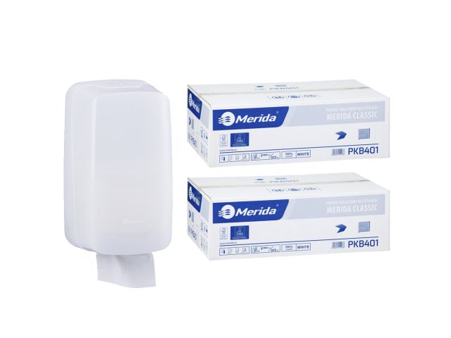 Pojemnik na papier toaletowy w listkach MERIDA HARMONY za 1 zł netto przy zakupie 2 kartonów papierów toaletowych MERIDA CLASSIC PKB401 (18 000 listków)